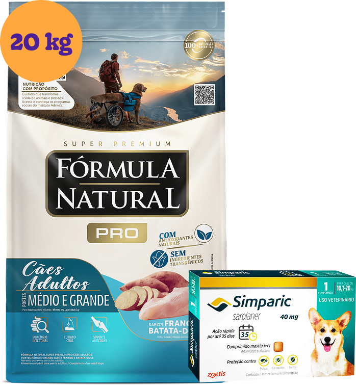 .KIT Ração Seca Natural Pró Frango e Batata Doce para Cães 20Kg + Antipulgas Simparic 40 mg 1 Comprimido KIT - KIT