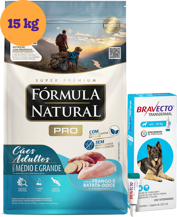 .KIT Ração Natural Super Premium Frango e Batata Doce para Cães Adultos 15Kg + Antipulgas Bravecto 1000 mg KIT - KIT