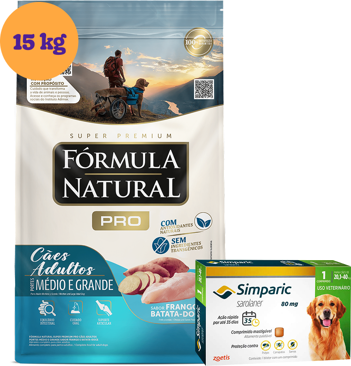.KIT Ração Fórmula Natural Super Premium Frango para Cães Adultos 15Kg + Antipulgas Simparic 80 mg 20,1 a 40Kg KIT - KIT
