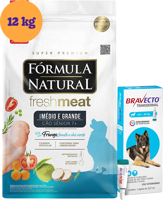 .KIT Ração Seca Natural Fresh Meat Cães Sênior Raças Médias e Grandes 12Kg + Antipulgas Bravecto 1000 mg KIT - KIT