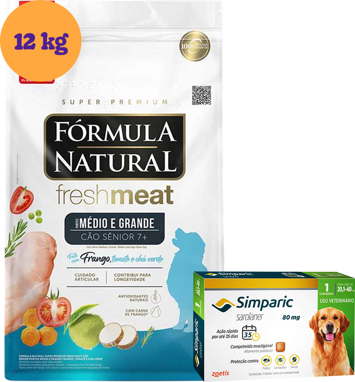 .KIT Ração Seca Natural Fresh Meat Cães Sênior 12Kg + Antipulgas Simparic 80 mg 1 Comprimido KIT - KIT