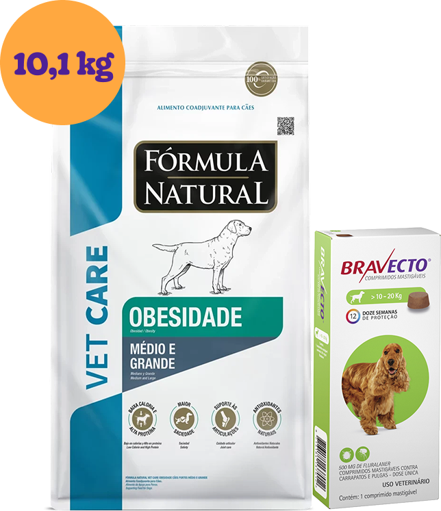 .KIT Ração Seca Natural Vet Care Obesidade para Cães 10,1Kg + Antipulgas Bravecto 500 mg para Cães 10-20Kg KIT - KIT