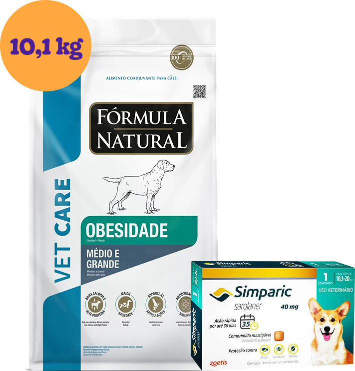 .KIT Ração Seca Vet Care Obesidade para Cães Médios e Grandes 10,1Kg + Antipulgas Simparic 40 mg 1 Comprimido KIT - KIT