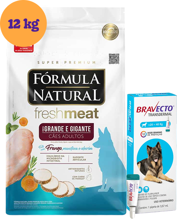 .KIT Ração Seca Natural Fresh Meat Cães Adultos Raças Grandes e Gigantes 12Kg + Antipulgas Bravecto 1000 mg - KIT