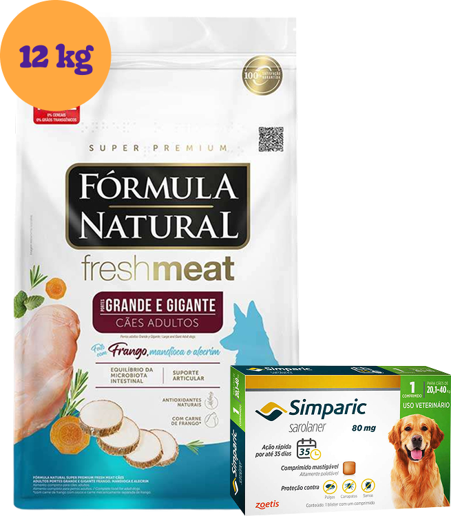 .KIT Ração Seca Natural Fresh Meat Cães Adultos 12Kg + Antipulgas Simparic 80 mg 1 Comprimido KIT - KIT