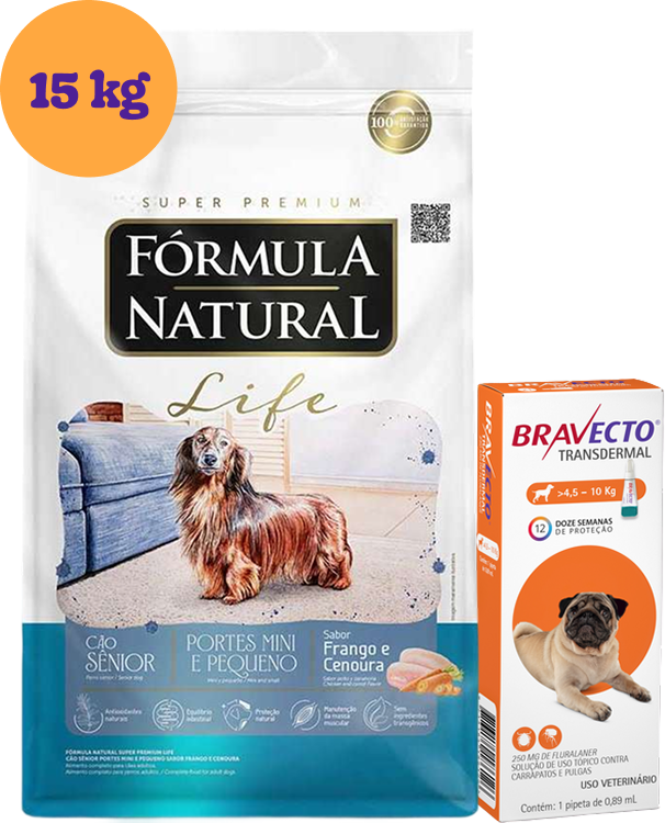 .Kit Ração Seca Natural Life para Cães Sênior Raças Mini e Pequena 15Kg + Antipulgas Bravecto 250 mg KIT - KIT