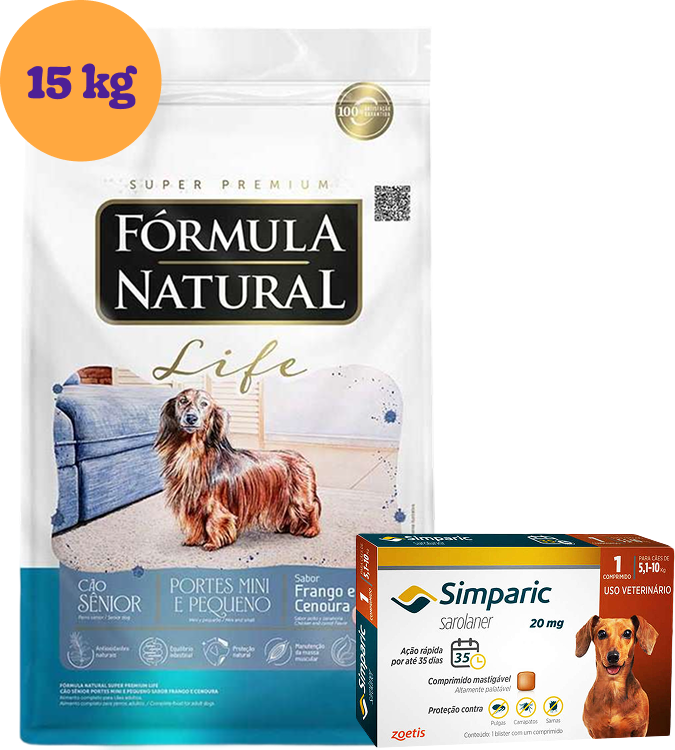 .KIT RaçãoNatural Life para Cães Sênior Raças Mini e Pequena 15Kg + Antipulgas Simparic 20 mg (1 Comprimido) KIT - KIT