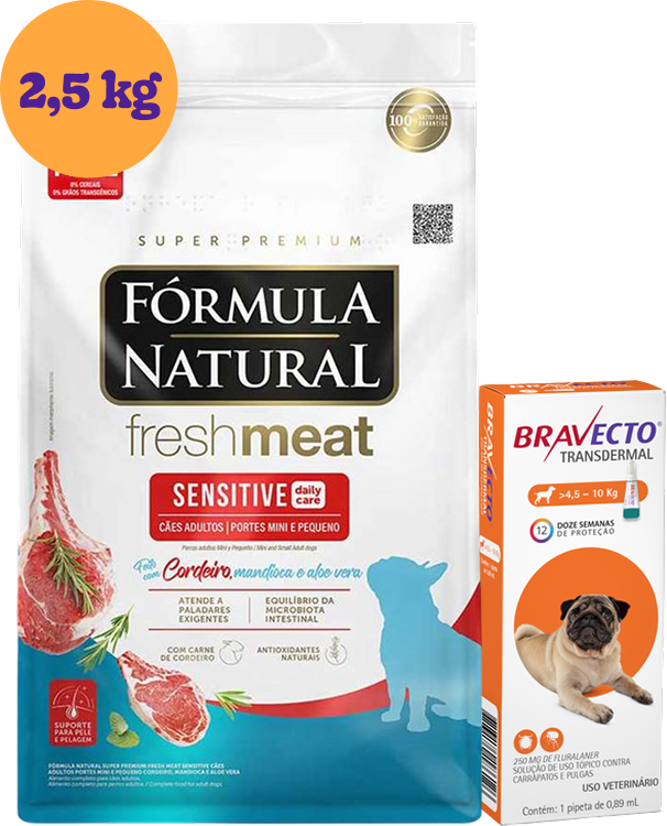 .KIT Ração Seca Natural Fresh Meat Sensitive Cães Adultos Mini e Pequeno 2,5Kg + Antipulgas Bravecto 250 mg KIT - KIT