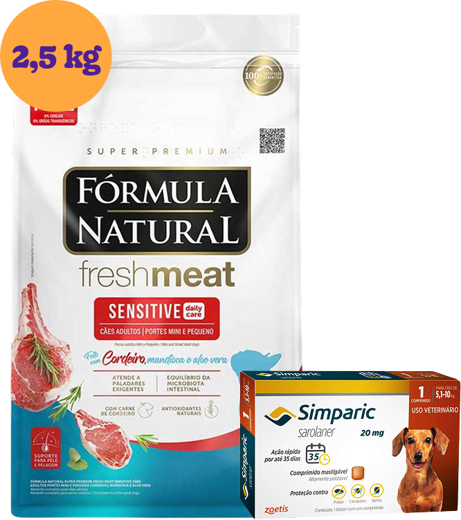 .KIT Ração Seca Fórmula Natural Fresh Meat Sensitive Cães 2,5Kg + Antipulgas Simparic 20 mg 1 Comprimido KIT - KIT