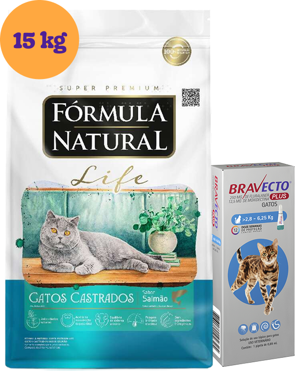 .KIT Ração Seca Natural Life Sabor Salmão para Gatos Castrados 15Kg + Antipulgas Bravecto 1 Pipeta KIT - KIT