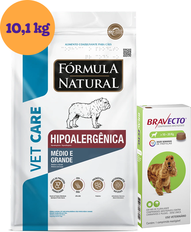 .KIT Ração Seca Hipoalergênica Vet Care para Cães Médios e Grandes 10,1Kg + Antipulgas Bravecto 500 mg KIT - KIT