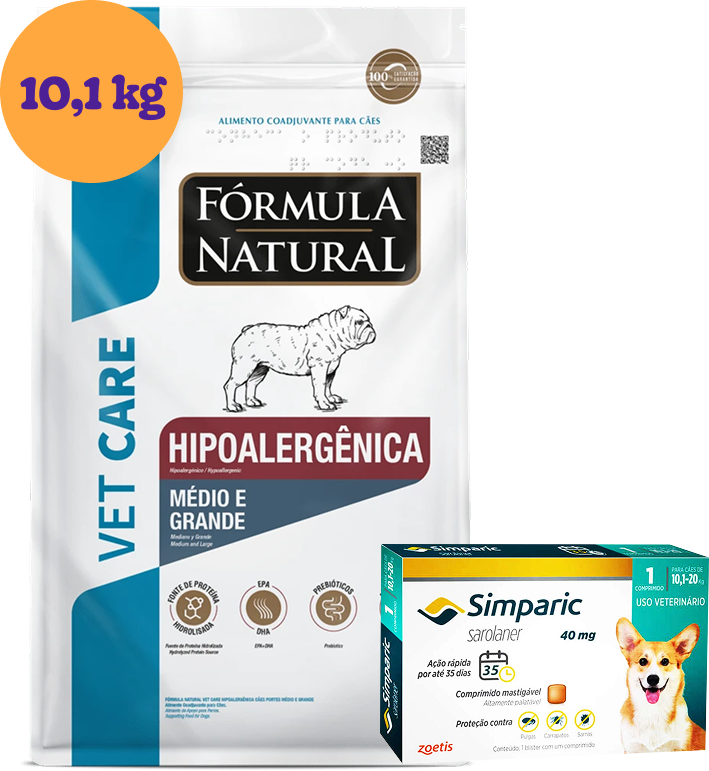 .KIT RaçãoHipoalergênica Vet Care para Cães Médios e Grandes 10,1Kg + Antipulgas Simparic 40 mg 1 Comprimido KIT - KIT