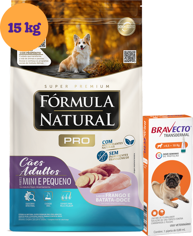 .KIT RaçãoFórmula Natural para Cães Adultos Sabor Frango e Batata Doce 15Kg + Antipulgas MSD Bravecto 250 mg KIT - KIT