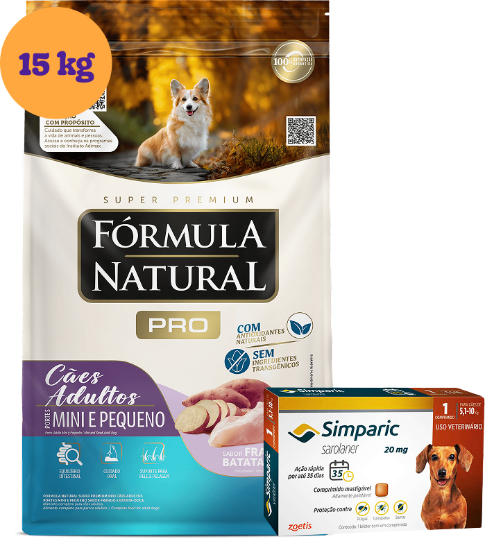 .Kit Ração Seca Fórmula Natural para Cães Adultos Frango e Batata Doce 15Kg + Antipulgas Simparic 20 mg 5,1-10Kg KIT - KIT