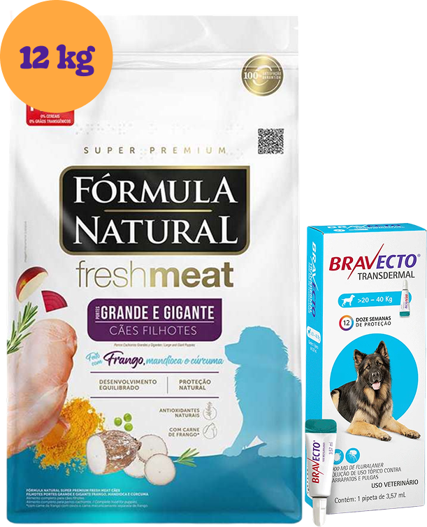 .Kit Ração Seca Natural Fresh Meat Cães Filhotes Raças Grandes 12Kg + Antipulgas Bravecto 1000 mg (20-40Kg) KIT - KIT