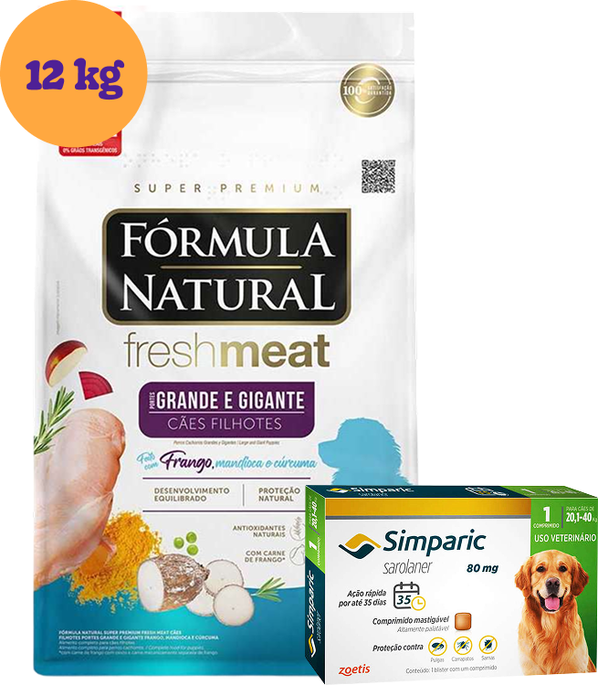 .KIT Ração Seca Natural Fresh Meat Cães Filhotes Raças Grandes 12Kg + Antipulgas Simparic 80 mg (1 Comprimido) KIT - KIT