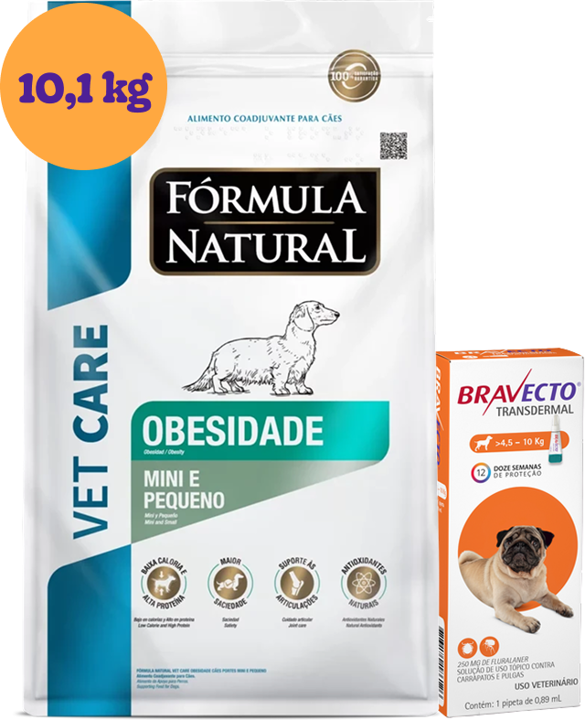 .KIT Ração Seca Natural Vet Care Obesidade para Cães Mini e Pequeno 10,1Kg + Antipulgas Bravecto 250 mg KIT - KIT