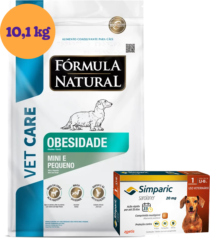 .KIT Ração Seca Vet Care Obesidade para Cães Mini e Pequeno 10,1Kg + Antipulgas Simparic 20 mg 1 Comprimido KIT - KIT