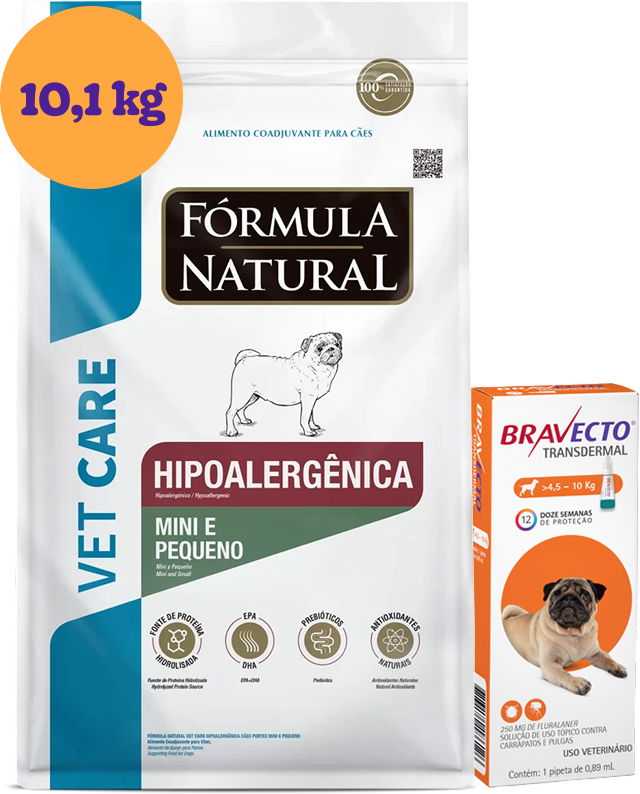 .KIT RaçãoHipoalergênica Vet Care para Cães Mini e Pequeno 10,1Kg + Antipulgas Bravecto 250 mg (4,5 a 10Kg) KIT - KIT