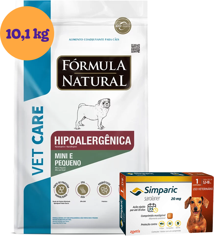 .KIT Ração Seca Hipoalergênica Vet Care para Cães Mini e Pequeno 10,1Kg + Antipulgas Simparic 20 mg (5,1 a 10Kg) KIT - KIT
