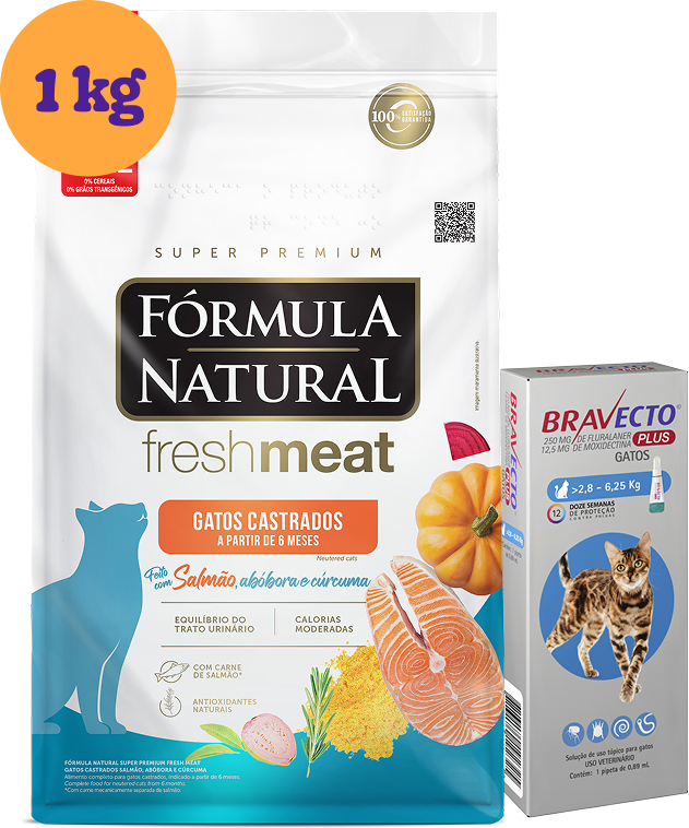 .KIT Ração Seca Natural Fresh Meat Salmão para Gatos Castrados 1Kg + Antipulgas Bravecto Transdermal 1 Pipeta - KIT