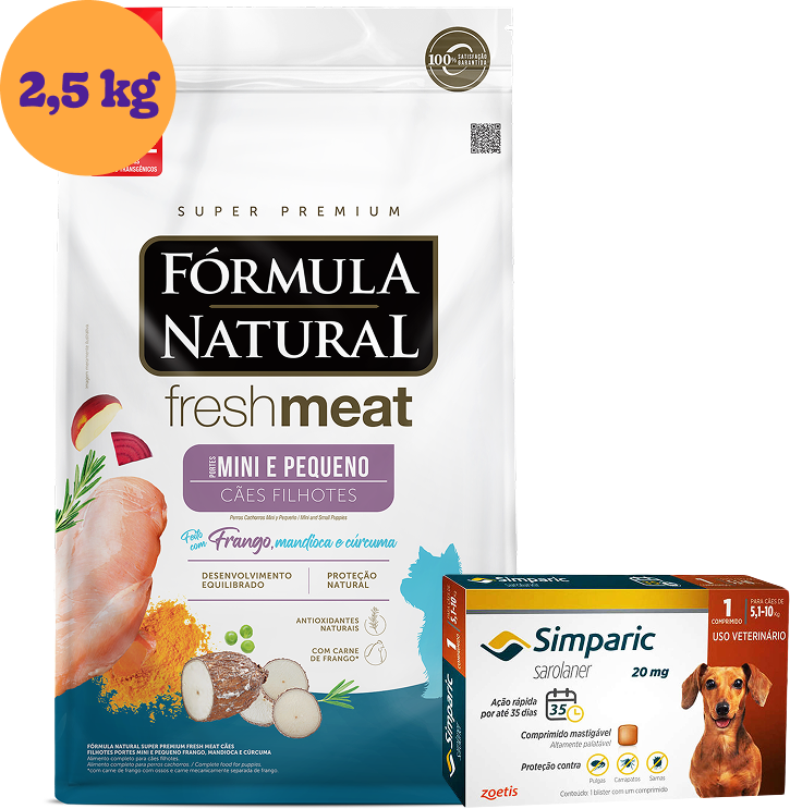 .KIT Ração Seca Natural Fresh Meat Cães Filhotes 2,5Kg + Antipulgas Simparic 20 mg 1 Comprimido KIT - KIT
