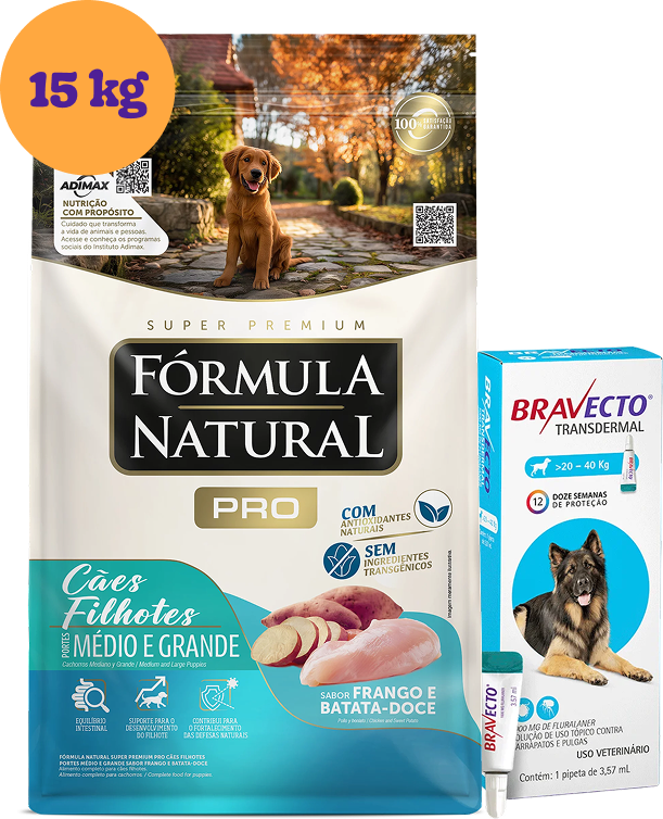 .KIT Ração Fórmula Natural Super Premium Frango para Cães Filhotes15Kg + Antipulgas Bravecto 1000mg 20-40Kg KIT - KIT