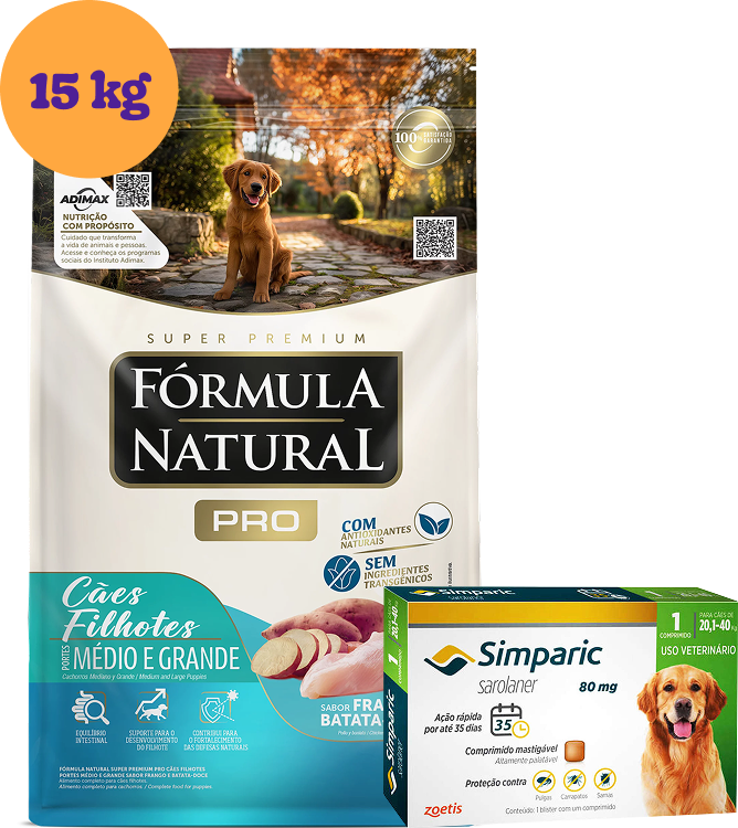 .KIT Ração Fórmula Natural Super Premium Frango para Cães Filhotes 15Kg + Antipulgas Simparic 80mg 20,1-40Kg KIT - KIT