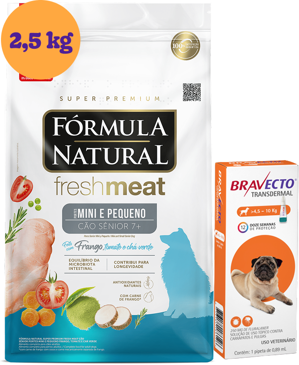 .KIT Ração Seca Natural Fresh Meat Cães Sênior Raças Mini e Pequena 2,5Kg + Antipulgas Bravecto 250 mg KIT - KIT