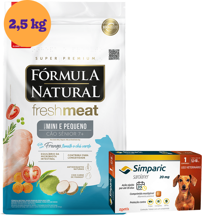 .KIT Ração Seca Natural Fresh Meat Cães Sênior Raças Mini e Pequena 2,5Kg + Antipulgas Simparic 20 mg 5,1 a 10Kg KIT - KIT