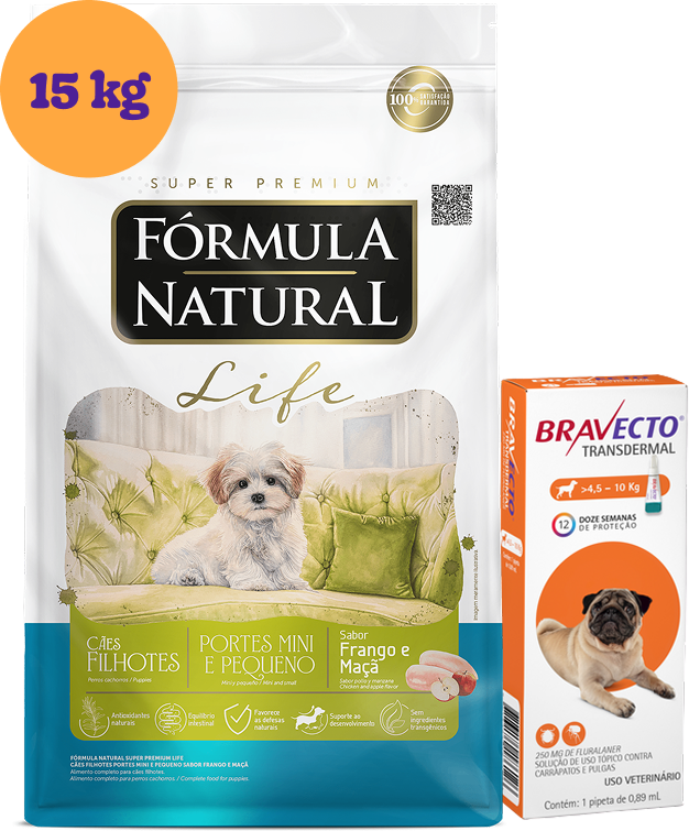 .KIT Ração Seca Fórmula Natural Life para Cães Filhotes Raças Mini e Pequena 15Kg + Antipulgas Bravecto 250 mg KIT - KIT