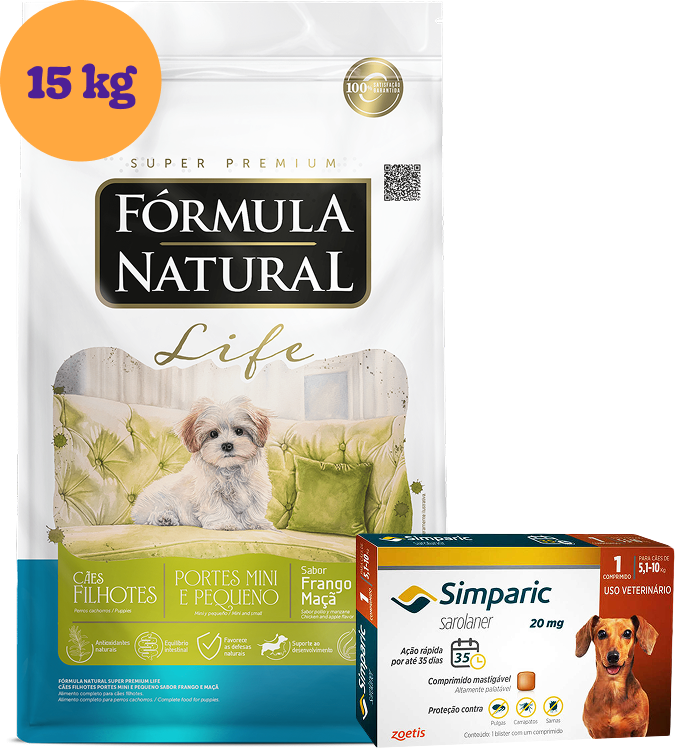.Kit Ração Seca Fórmula Natural Life Cães Filhotes 15Kg + Antipulgas Simparic 20mg 1 Comprimido KIT - KIT