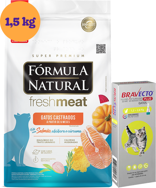 .KIT Ração Seca Natural Vet Care Renal para Gatos 1,5Kg + Antipulgas Bravecto Transdermal 1 Pipeta KIT - KIT