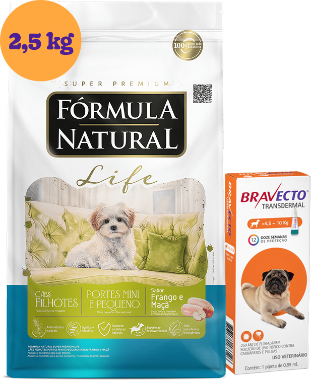 .KIT Ração Seca Natural Life para Cães Filhotes Raças Mini e Pequena 2,5Kg + Antipulgas Bravecto 250 mg KIT - KIT