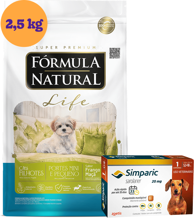 .KIT RaçãoNatural Life para Cães Filhotes Raças Mini e Pequena 2,5Kg + Antipulgas Simparic 20 mg 5,1 a 10Kg KIT - KIT