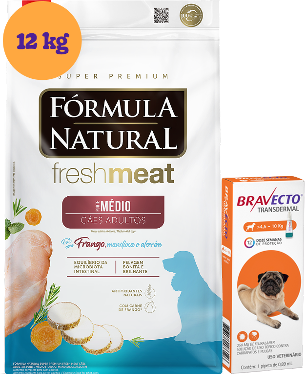 .KIT Ração Seca Natural Fresh Meat Cães Adultos Raças Médias 12Kg + Antipulgas Bravecto 250 mg (4,5 a 10Kg) KIT - KIT