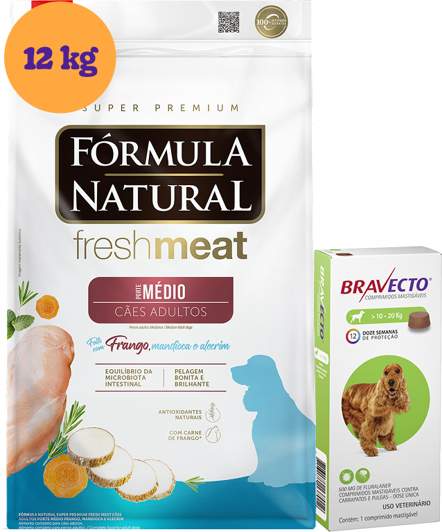 .KIT Ração Seca Natural Fresh Meat Cães Adultos Raças Médias 12Kg + Antipulgas Bravecto 500 mg para Cães 10-20Kg KIT - KIT