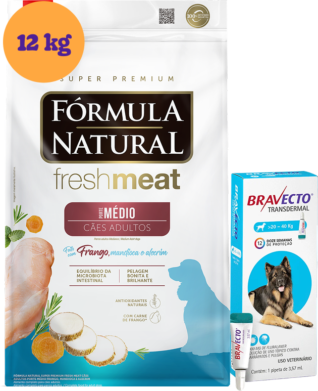 .KIT Ração Seca Natural Fresh Meat Cães Adultos Raças Médias 12Kg + Antipulgas Bravecto 1000 mg (20-40Kg) KIT - KIT