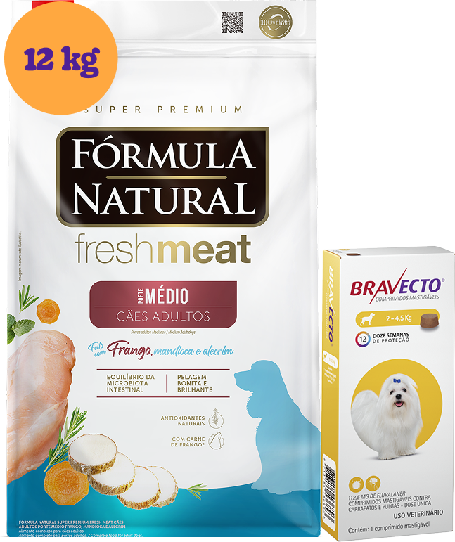 .KIT Ração Seca Natural Fresh Meat Cães Adultos Raças Médias 12Kg + Antipulgas Bravecto 112,5 mg (2 a 4,5Kg) KIT - KIT