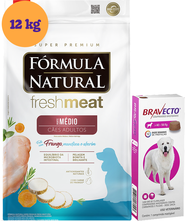 .KIT RaçãoNatural Fresh Meat Cães Adultos Raças Médias 12Kg + Antipulgas Bravecto 1400 mg para Cães 40-56Kg KIT - KIT
