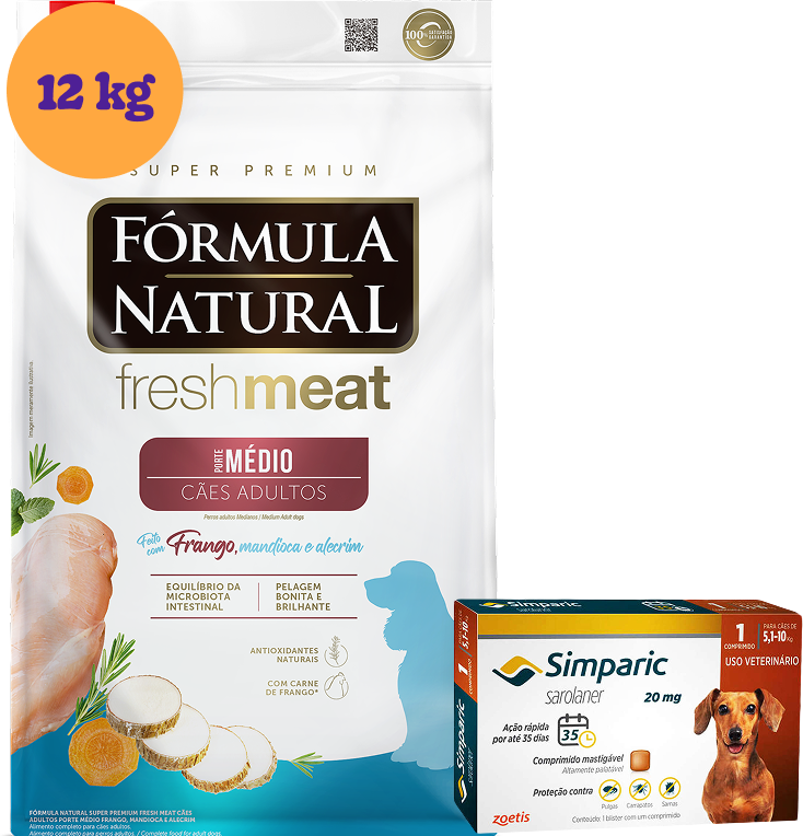.KIT Ração Seca Natural Fresh Meat Cães Adultos Raças Médias 12Kg + Antipulgas Simparic 20 mg (5,1 a 10Kg) KIT - KIT