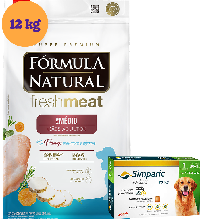 .KIT Ração Seca Natural Fresh Meat Cães Adultos Raças Médias 12Kg + Antipulgas Simparic 80 mg (1 Comprimido) KIT - KIT