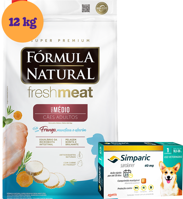 .KIT Ração Seca Natural Fresh Meat Cães Adultos Raças Médias 12Kg + Antipulgas Simparic 40 mg (1 Comprimido) KIT - KIT