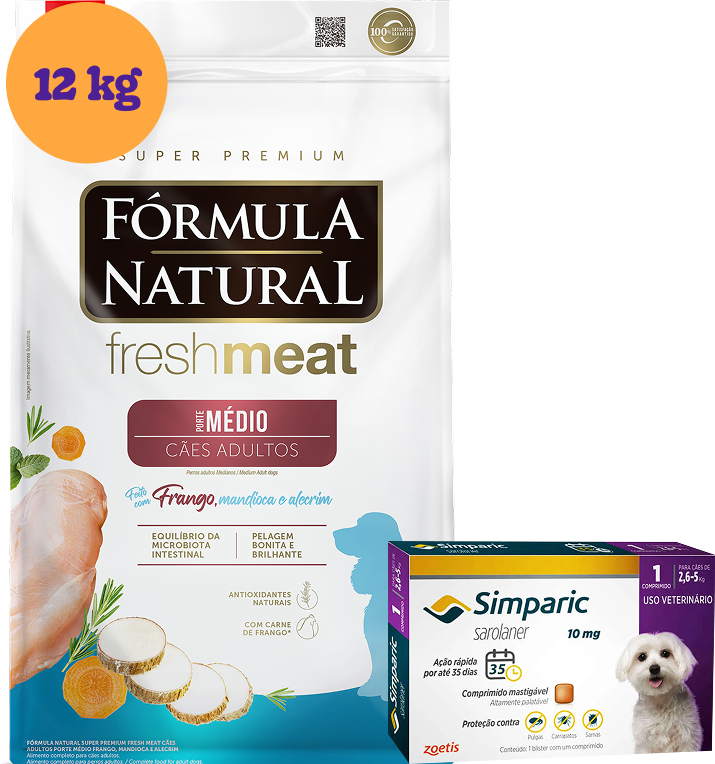 .KIT Ração Seca Natural Fresh Meat Cães Adultos Raças Médias 12Kg + Antipulgas Simparic 10 mg (1 Comprimido) KIT - KIT