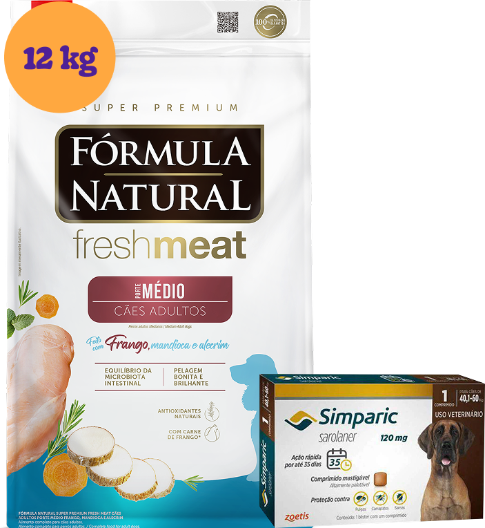 .KIT Ração Seca Natural Fresh Meat Cães Adultos Raças Médias 12Kg + Antipulgas Simparic 120 mg (1 Comprimido) KIT - KIT
