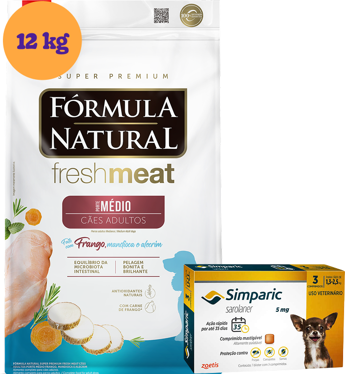 .KIT Ração Seca Natural Fresh Meat Cães Adultos Raças Médias 12Kg + Antipulgas Simparic 5 mg (1 Comprimido) KIT - KIT