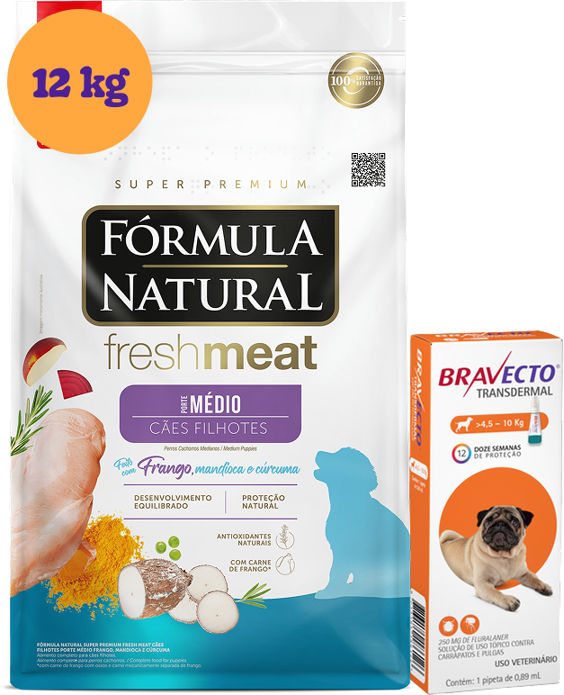 .KIT Ração Seca Natural Fresh Meat Cães Filhotes Raças Médias 12Kg + Antipulgas Bravecto 250 mg (4,5 a 10Kg) KIT - KIT