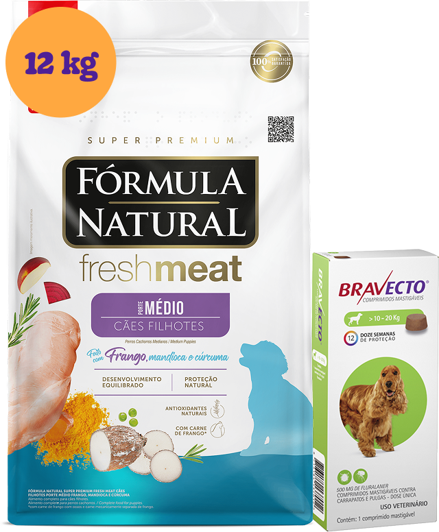 .KIT Ração Seca Fórmula Natural Fresh Meat Cães Filhotes Raças Médias 12Kg + Antipulgas MSD Bravecto 500 mg KIT - KIT
