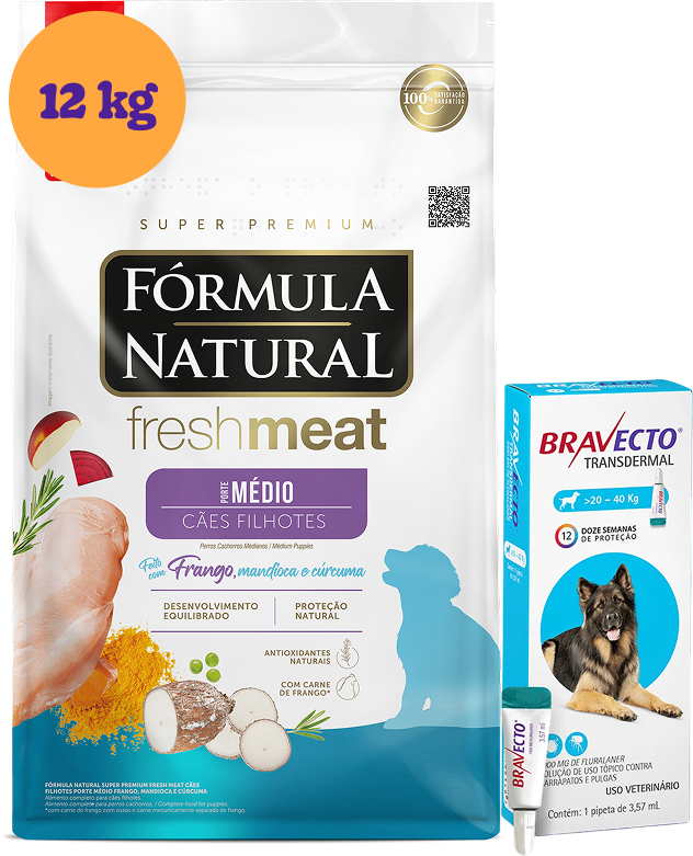 .KIT Ração Seca Natural Fresh Meat Cães Filhotes Raças Médias 12Kg + Antipulgas MSD Bravecto 1000 mg KIT - KIT