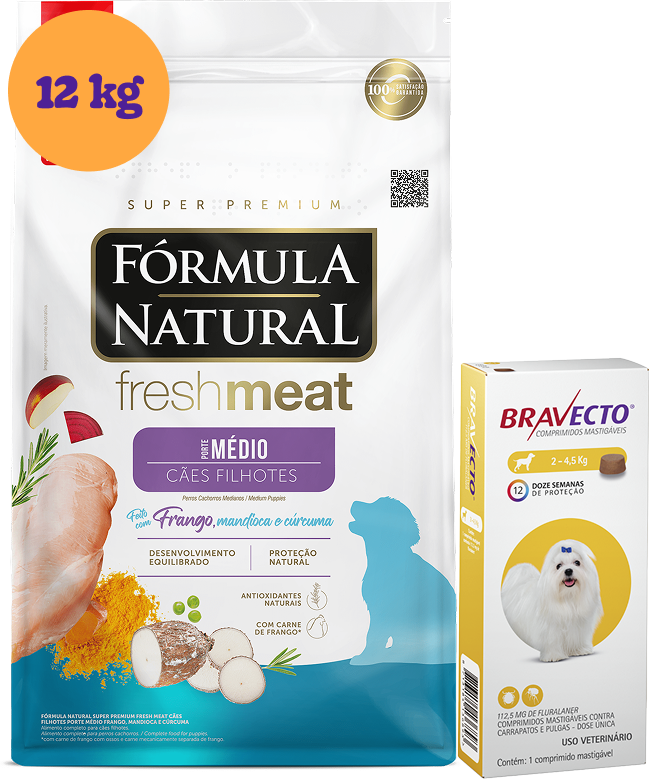 .KIT Ração Seca Natural Fresh Meat Cães Filhotes Raças Médias 12Kg + Antipulgas MSD Bravecto 2 a 4,5Kg 112,5 mg KIT - KIT